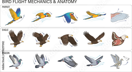 Bird Flight Mechanics and Anatomy Vector Set with Parrot, Eagle and Pigeon Wing Movement Phases, Aerodynamics and Educational Wildlife Illustration