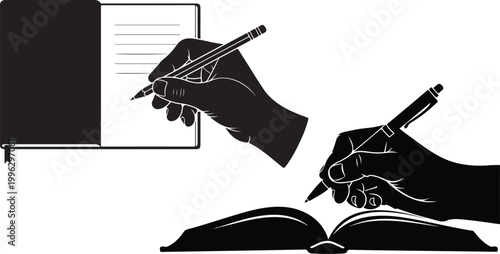 A black silhouette depicts a hand holding a pen over an open book representing writing and learning silhouette.