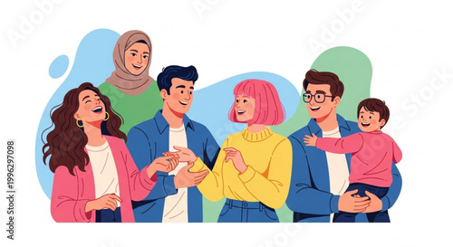 A diverse group of people of different ages and ethnicities interacting happily and showing a sense of community and togetherness