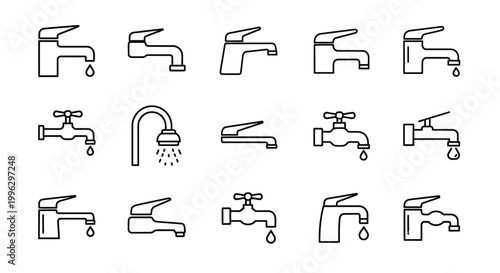 Collection of various black and white faucet icons in a grid layout