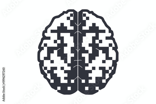 Foto Classic 8-Bit Pixelated Human Brain Silhouette Black and White Outline Vector Gr