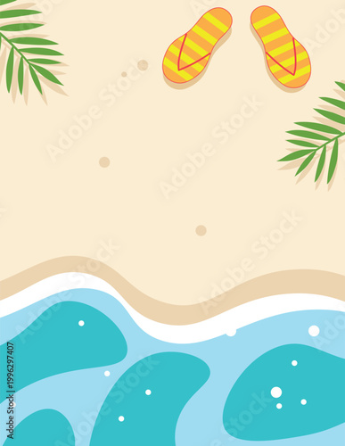 Summer beach background with palm leaves and flip flops, tropical seaside banner with copy space.