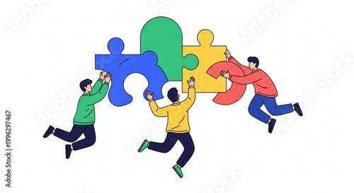 Illustration of three people working together to assemble a large jigsaw puzzle, symbolizing teamwork and collaboration