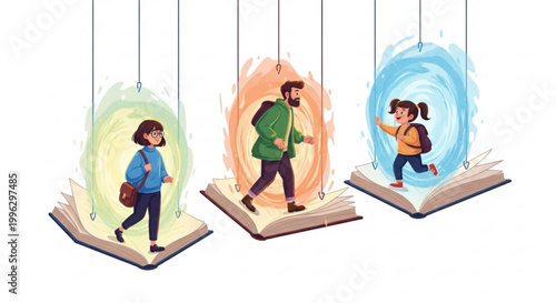 Children and an adult walking on open books appearing as portals to imagination and learning