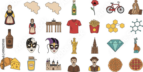 Bilde på lerret Belgium Culture Icon Set Featuring Landmarks Food Beer Bicycle Waffles Chocolate and Traditional Symbols for Travel Tourism Illustration and European Design Collection