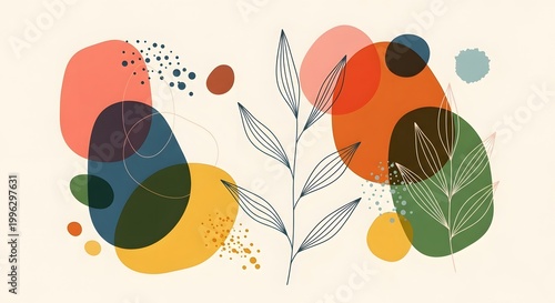 Abstract botanical art with organic shapes and line art leaves. Modern minimalist wall decor. Hand drawn foliage elements on beige background with colorful earthy circles and dots