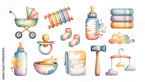 Nurturing Delights: A collection of adorable baby essentials, artfully arranged to capture the sweet innocence and gentle care associated with newborns and early childhood.