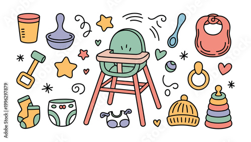 Childhood Essentials: An assortment of colorful baby items arranged to evoke a sense of warmth and comfort, perfectly portraying the world of a baby.