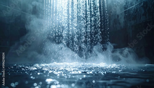 Abstract Shower Head Spraying Water with Steam and Smoke Effect.