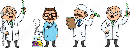 Cartoon scientist characters with laboratory equipment conducting chemistry experiments for education science research and innovation concepts