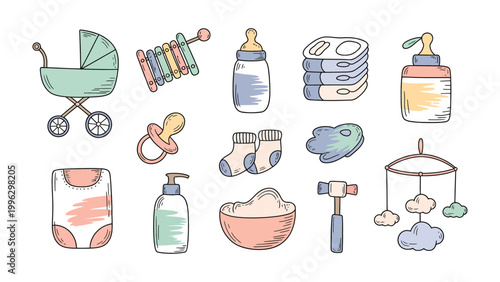 Nurturing Essentials: An array of baby essentials, tenderly illustrated, showcases the essence of new life and the care it demands.