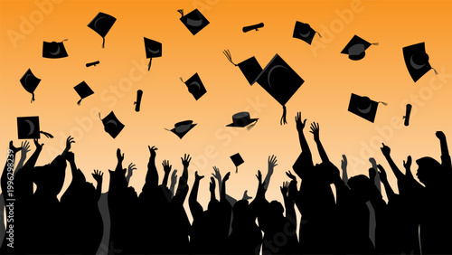 Silhouette of a crowd celebrating and throwing a lot of graduation caps with diplomas on an orange sky background.