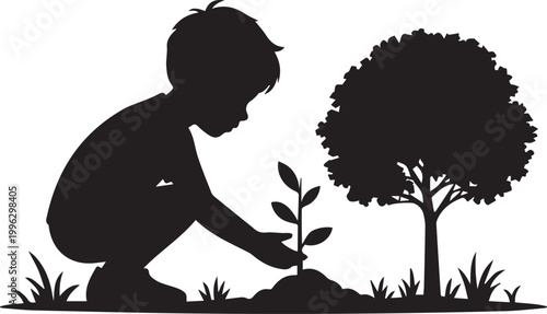 A silhouette of a child planting a small tree in a serene natural setting