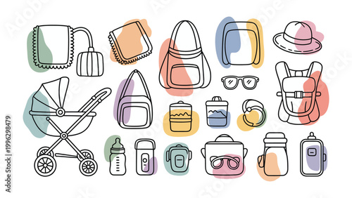 Essentials for the Journey: A delightful array of line art illustrations showcases a variety of travel essentials. This collection features a hat, a backpack, glasses, and a stylish stroller. 