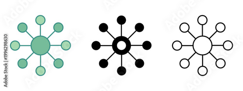 Abstract concept graphic representing connections and networking with multiple nodes radiating from a central point in various stylized designs