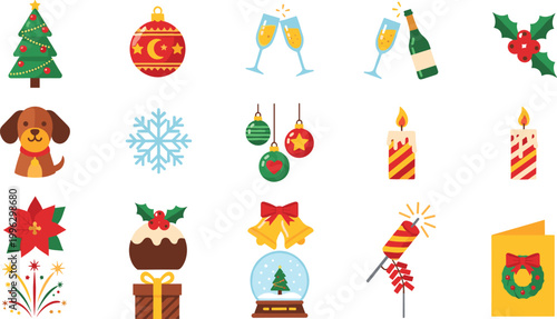 Christmas Holiday Icon Set Featuring Tree Ornaments Snowflake Gifts Champagne Candle Holly and Festive Celebration Elements for Seasonal Winter Design Collection.