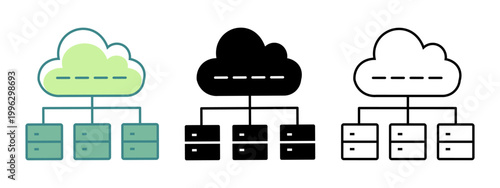 Abstract graphic representation of cloud storage and data servers in different styles on a transparent background illustrating information technology concepts