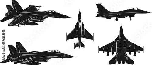 Fighter jet silhouettes collection with multiple angles for military aviation aerospace and defense design projects