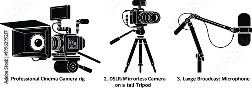 Professional video production equipment including cinema camera DSLR tripod and broadcast microphone