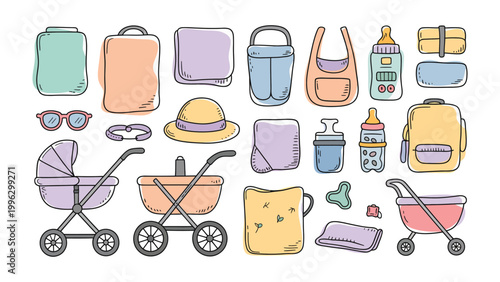Essentials for Early Journeys: a charming illustration captures the essence of parenthood, displaying a collection of baby care items.