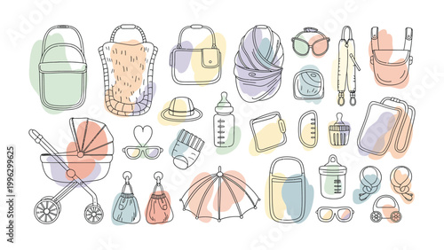 Essential Baby Gear: A curated collection of baby essentials, from strollers to bottles, presented in a minimalist, artistic style.