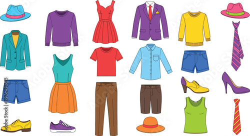 Colorful Clothing and Fashion Accessories Icon Set Featuring Casual and Formal Outfits Shoes Hats and Apparel Elements for Modern Style Illustration Design.