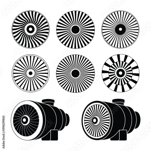 set of turbine blades and engines in black and white vector illustration