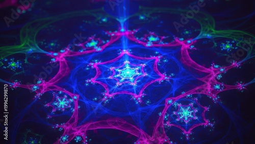 Abstract fractal snowflake nebula with vibrant neon blue and pink light patterns