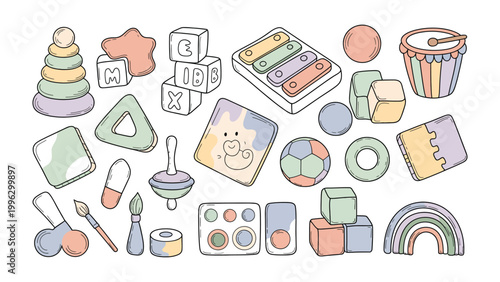 Childhood Treasures: A colorful assortment of toys, each a testament to the joy and wonder of childhood, invites imagination and play. 