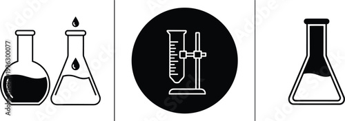 Minimal laboratory glassware icons showing chemistry experiment process with flasks, droplets, and scientific equipment symbols in modern clean style