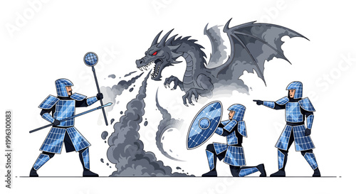 Medieval knights battling a dragon in armor