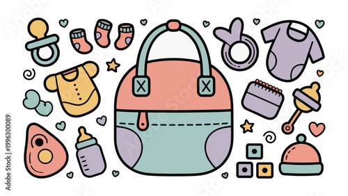 Baby essentials: Cute illustration of baby essentials, including a diaper bag, bottle, pacifier, and more, all artfully arranged to capture the essence of care.