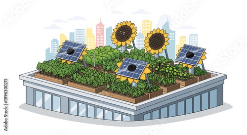 Roof garden with solar panels and sunflowers in city