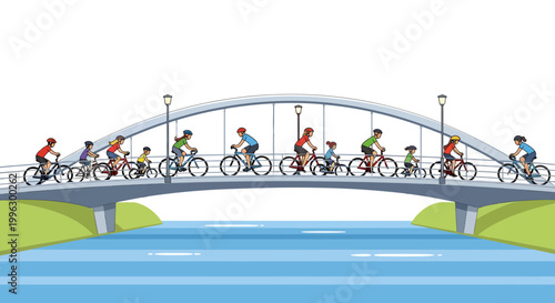 Cyclists riding across a bridge over water recreational activity