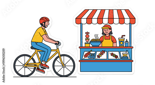 man on bicycle passing food cart vendor