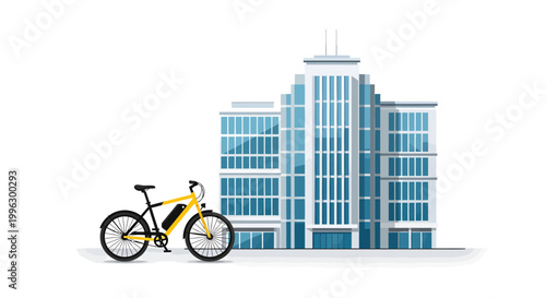 Yellow bicycle in front of modern blue office building