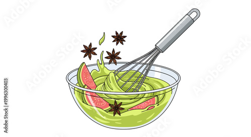 Guacamole ingredients in glass bowl with whisk