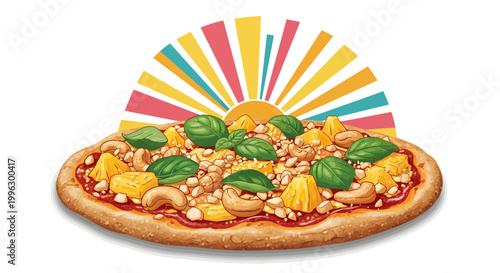 Colorful illustration of a delicious pizza with basil leaves and corn