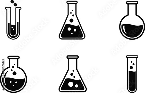 Set of laboratory glassware icons featuring test tubes and flasks with chemical liquids for science, research, and experiment concepts