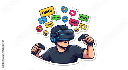 Man wearing VR headset with speech bubbles expressing excitement and emotions