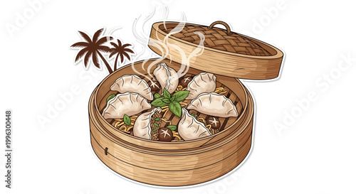 Steamed dumplings in bamboo steamer with herbs and palm trees