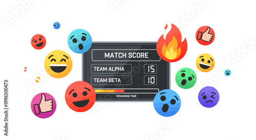 Colorful emojis around a scoreboard with team alpha and team beta