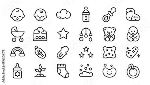 Adorable Baby Icon Set: A charming collection of baby-themed icons, perfect for any design project. Featuring a range of elements associated with infancy, conveying the essence of childhood.