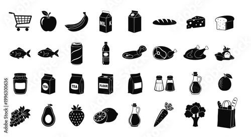 Black and white icons depicting a variety of grocery items and food products