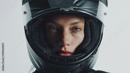 Female motorcyclist in black helmet with intense gaze and clear background