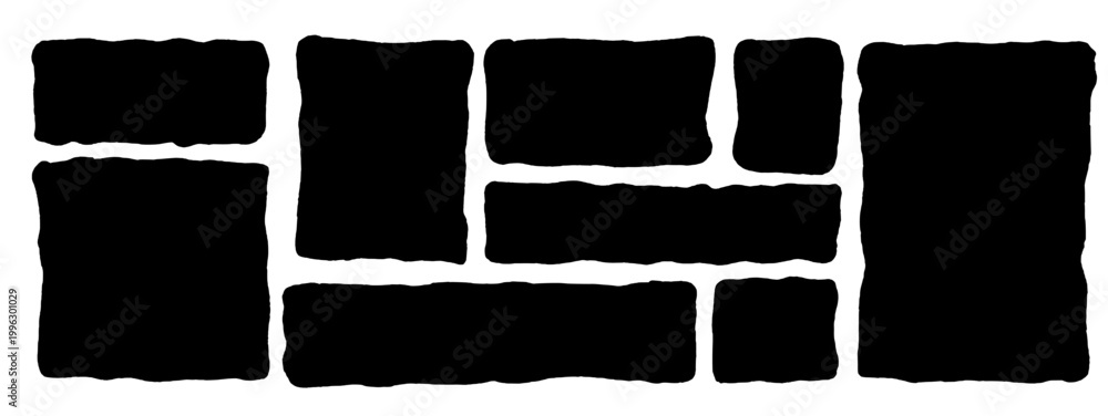 Fototapeta premium Wavy abstract rectangle text boxes silhouette. Organic square quote frames with irregular edges. Curvy geometrical uneven callouts, rough labels. Doodle kids elements, geometric vector promo shapes.