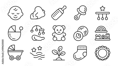 Baby Essential Icons: A delightful array of line icons represents the quintessential items associated with a baby's world, from feeding to playtime.