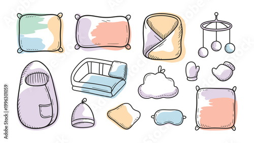 Dreamscape Comforts: An artistic illustration features a collection of cozy sleep essentials, depicting various pillows, a baby's cocoon, and other soft comforts.  