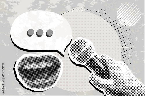 Trendy Halftone Collage speech bubble, smiling mouth and microphone in hand. Collage banner would be fine for interview, podcast, news, public speaker or karaoke and singing.Halftone mouth and mic.
