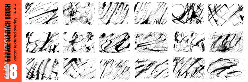 Grunge brush ink stroke set with messy scratch and scribble lines. Bold brush paint and rough backgrounds with doodle marks. Vector overlay for poster print and graphic on white background isolated.